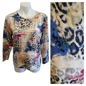 Nancy Bolen City Girl Top Med Y2K Glam Leopard Floral Sequin Knit Beaded Sweater
